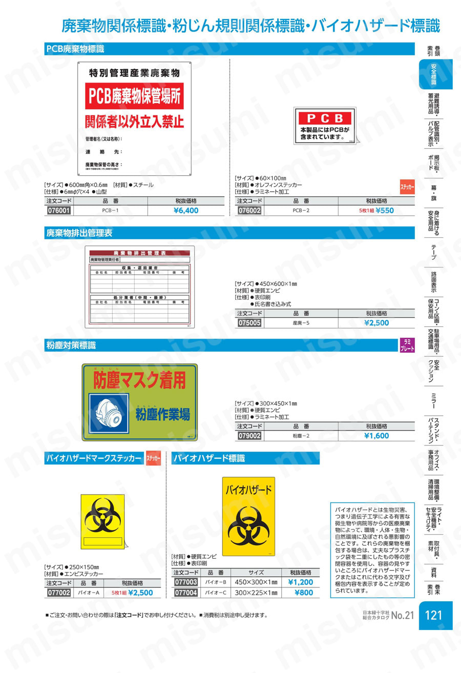 廃棄物関係標識 PCB廃棄物保管場所 600×600mm スチール 日本緑十字社 MISUMI(ミスミ)