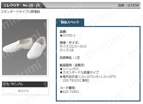 G7250-1-25.0 | ADCLEAN 静電靴(エレクリヤNO.20) 白 25.0cm