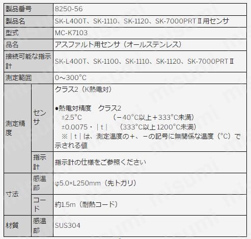 佐藤 K熱電対センサ MC-K7103 (8250-56) | 佐藤計量器製作所 佐藤 K熱電対センサ MC-K7103 (8250-56) | 佐藤計量器製作所