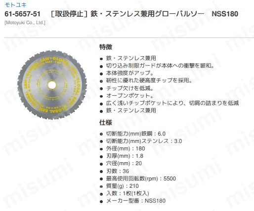NSS-180 | 鉄・ステンレス兼用グローバルソー | モトユキ NSS-180 | 鉄・ステンレス兼用グローバルソー | モトユキ