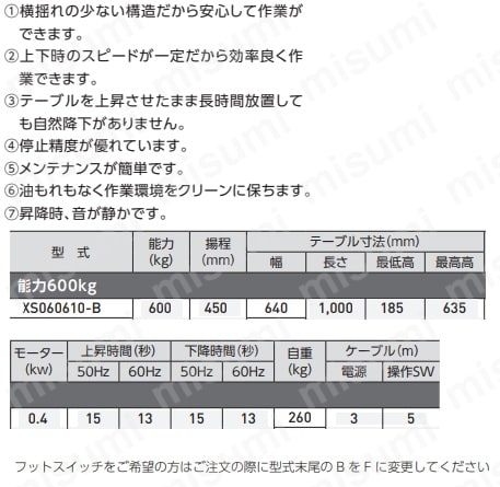 ビシャモン 電動式リフト 0.6トンタイプ フット式 | スギヤス | MISUMI