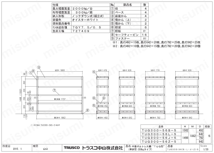 中量ボルトレス棚 TUG型  （３００ｋｇタイプ、高さ１５００ｍｍ、５段タイプ） TUG30056Z5図面