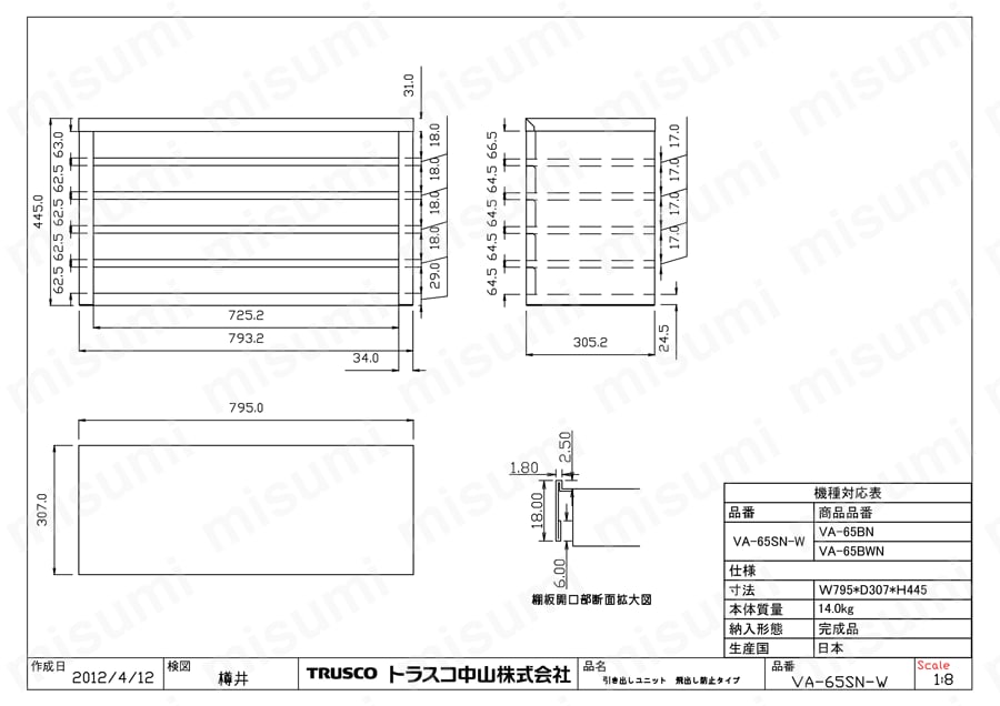 引出しユニット用枠 VA型 （引出しストッパー付） 図面