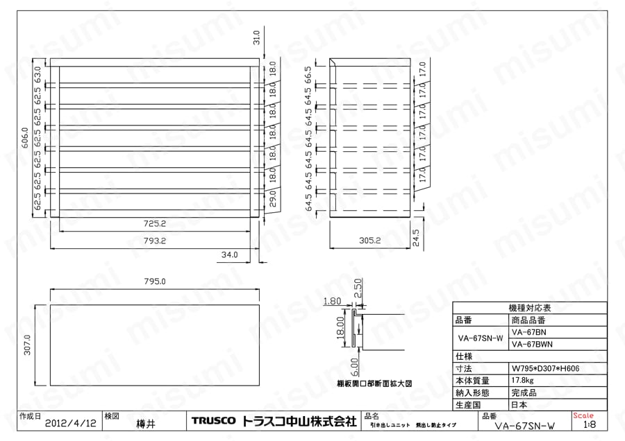 引出しユニット用枠 VA型 （引出しストッパー付） 図面２