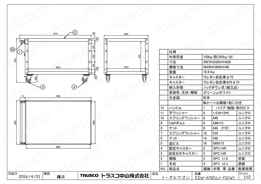 ＴＲＵＳＣＯ ツールワゴン イーグルワゴン ９００Ｘ６００ＸＨ６００