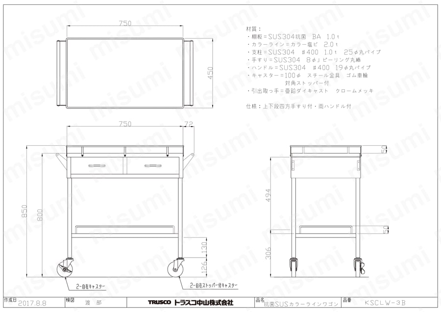 抗菌SUSカラーラインワゴン （引き出し付） 上下段四方手すり・両ハンドル・引出し付タイプ KSCLW-3B-B/KSCLW-3B-P図面