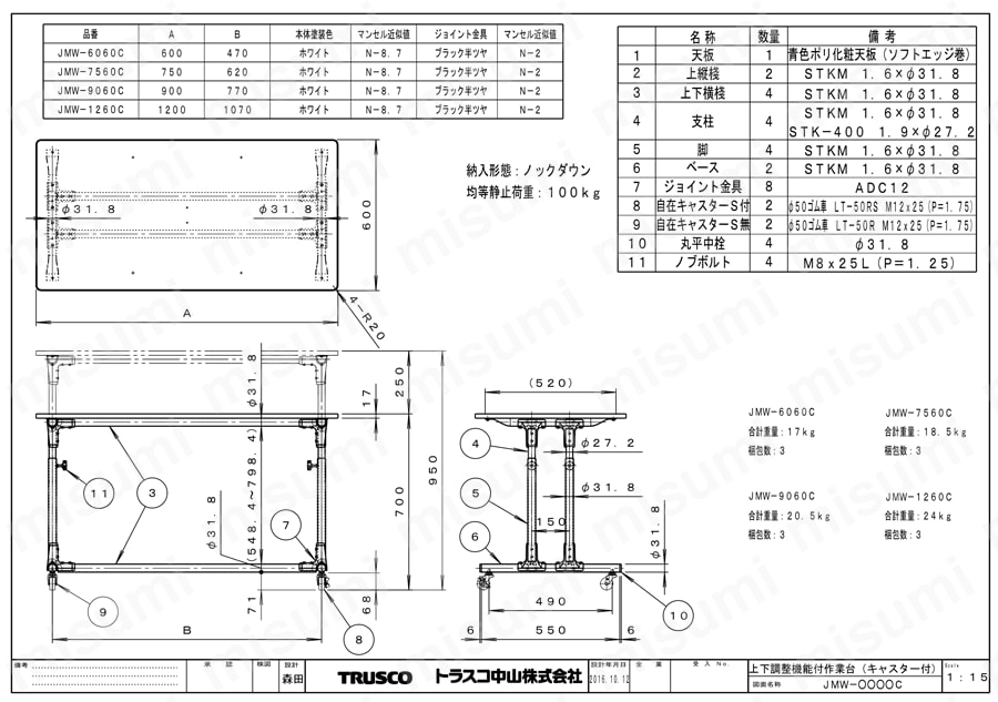 上下調節機能付作業台（キャスター付）均等荷重100kg | トラスコ中山