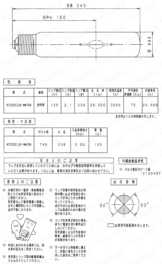 セラミックメタルハライドランプMT220CLSH-WW/BH | 岩崎電気 | MISUMI 