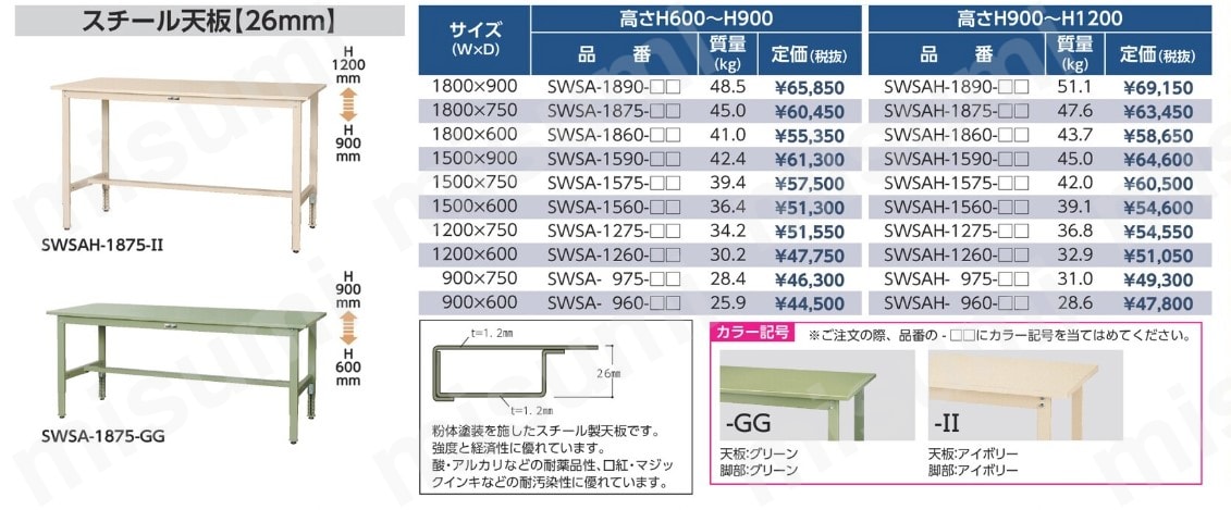 ワークテーブル300 SWSAHシリーズ スチール天板（高さ調整:H900 
