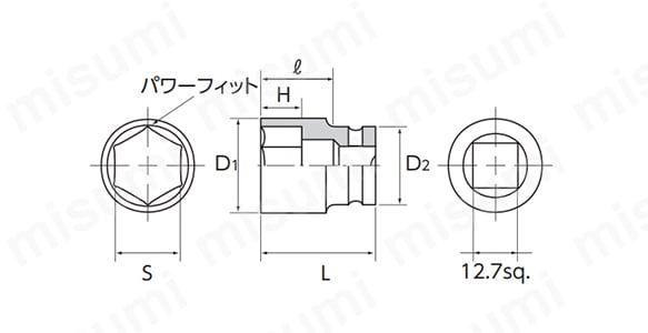 12.7sq.インパクトレンチ用ソケットの寸法図