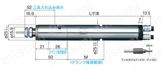 エアーモータスピンドル MSS-25シリーズ ストレートタイプ 外形図