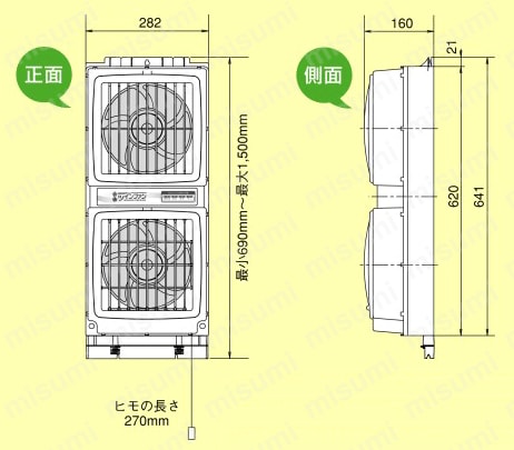 窓用換気扇ツインファン  外形図1