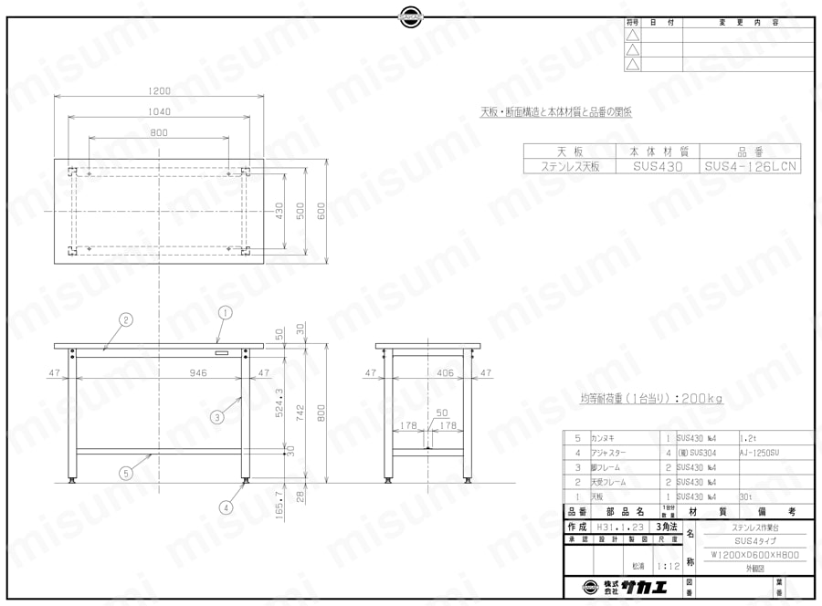 ステンレス作業台 組立式 SUS4-126LCN図面