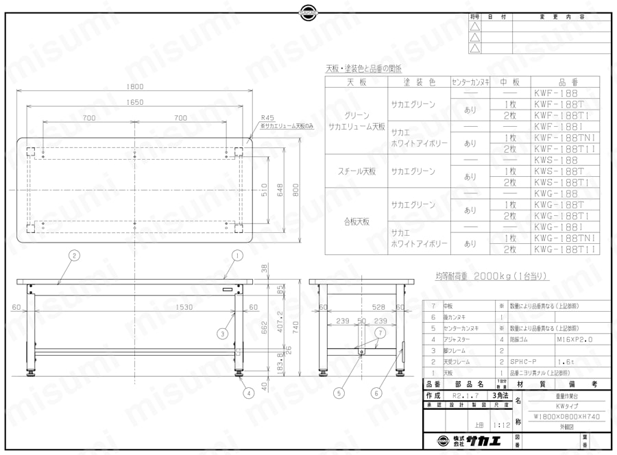 重量作業台KWタイプ 中板2枚付 間口 （mm）1200・1800 | サカエ