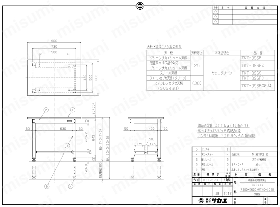 中量高さ調整作業台TKTタイプ（ステンレスカブセ天板仕様） TKT-096PCSU4図面