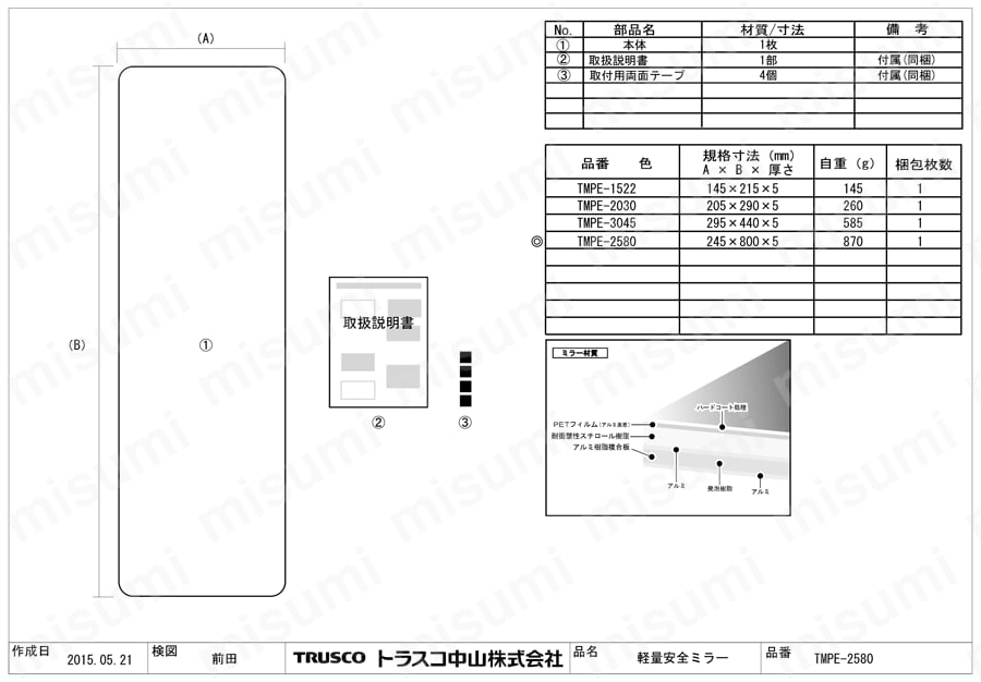 軽量安全ミラー（テープ止めタイプ） TMPE-2580図面