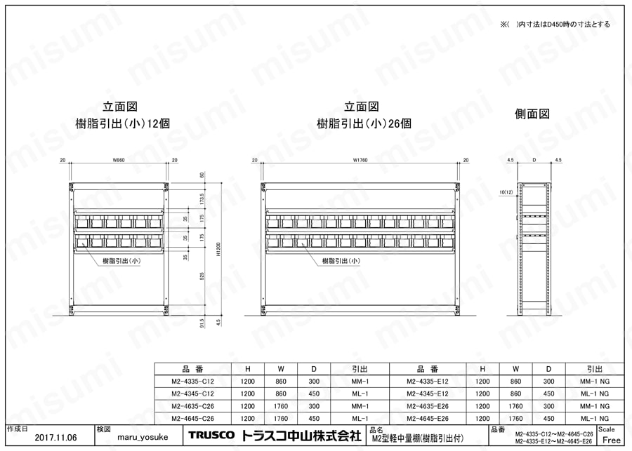 軽中量ボルトレス棚 M2型 （樹脂ネオグレー色引き出し付、２００ｋｇタイプ） M2-4335-E12/M2-4345-E12/M2-4635-E26/M2-4645-E26図面