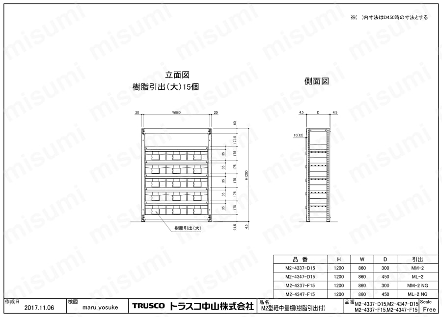 軽中量ボルトレス棚 M2型 （樹脂ネオグレー色引き出し付、２００ｋｇタイプ） M2-4337-F15/M2-4347-F15図面