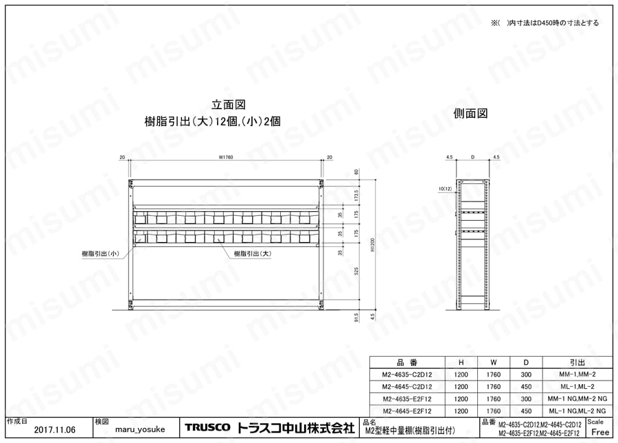 軽中量ボルトレス棚 M2型 （樹脂ネオグレー色引き出し付、２００ｋｇタイプ） M2-4635-E2F12/M2-4645-E2F12図面