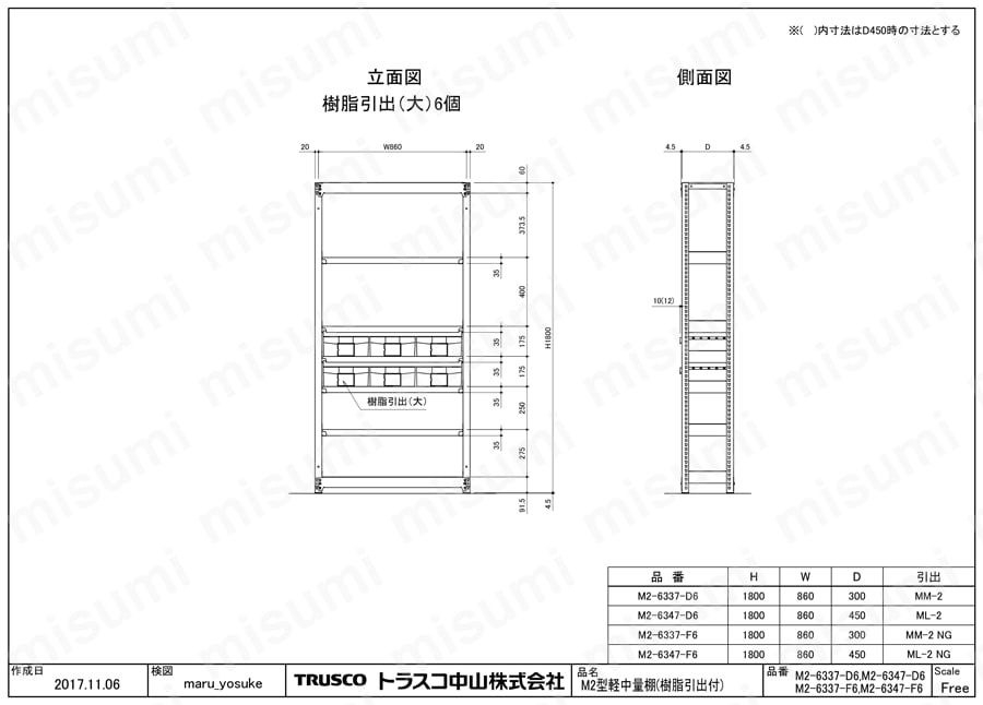 軽中量ボルトレス棚 M2型 （樹脂ネオグレー色引き出し付、２００ｋｇタイプ） M2-6337-F6/M2-6347-F6図面