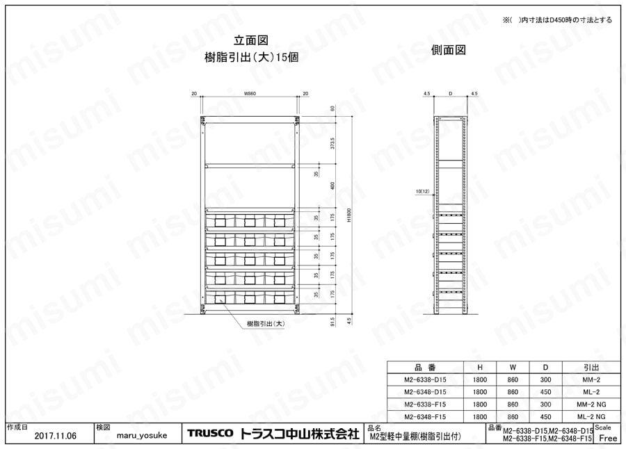 軽中量ボルトレス棚 M2型 （樹脂ネオグレー色引き出し付、２００ｋｇタイプ） M2-6338-F15/M2-6348-F15図面