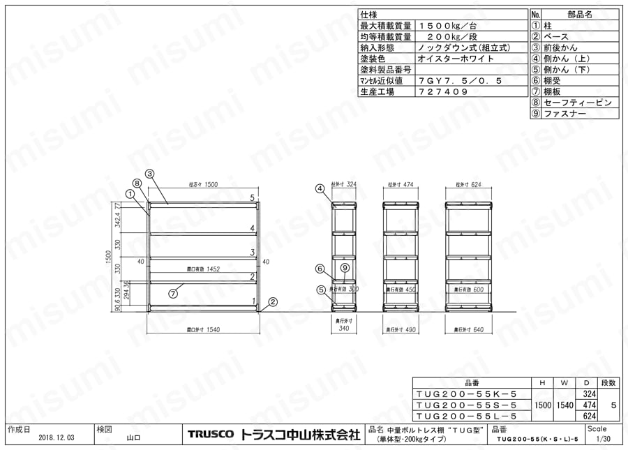 軽中量ボルトレス棚 TUG型（200kgタイプ・H1500mm・棚段数5段タイプ）単体型 TUG200-55S-5 図面