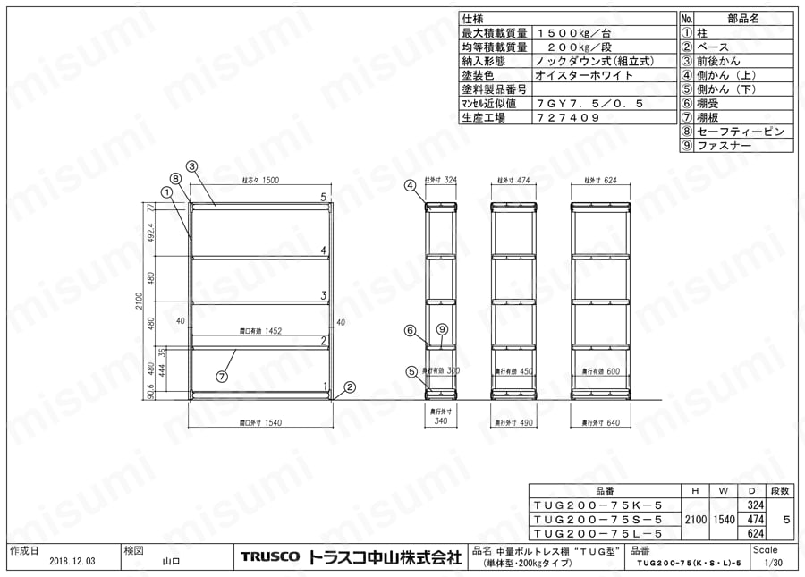 軽中量ボルトレス棚 TUG型（200kgタイプ・H2100mm・棚段数5段タイプ）単体型 TUG200-75L-5 図面