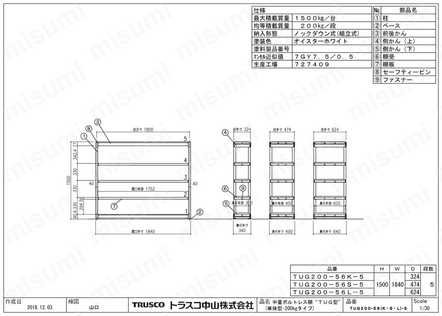 軽中量ボルトレス棚 TUG型（200kgタイプ・高さ1500mm・5段タイプ）単体型 TUG200-56K-5 図面