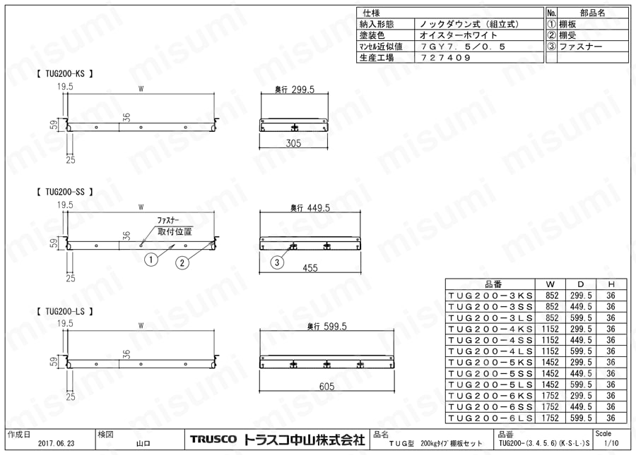 TUG200-6LS | 軽中量ボルトレス棚 TUG型 追加棚板（中棚受付