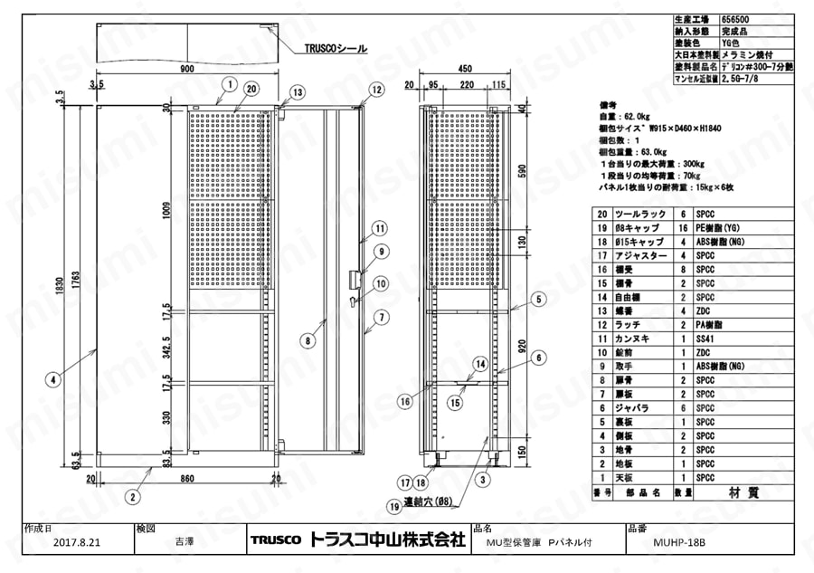 TRUSCO MU型保管庫 Pパネル付 900X450XH1830 ベース付 トラスコ中山 MISUMI(ミスミ)