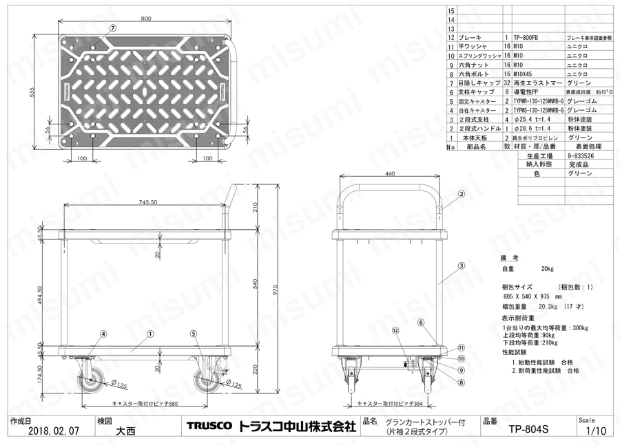 樹脂製運搬車 グランカート （片袖2段タイプ） ストッパー付 TP-804S図面