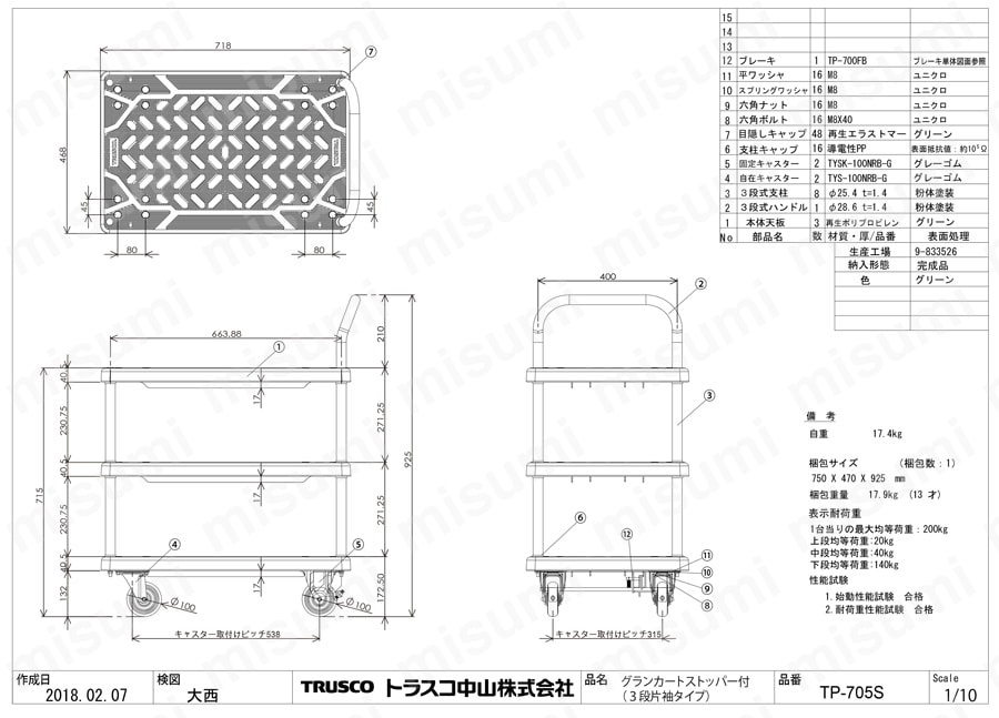 樹脂製運搬車 グランカート （片袖3段タイプ） ストッパー付 TP-705S図面