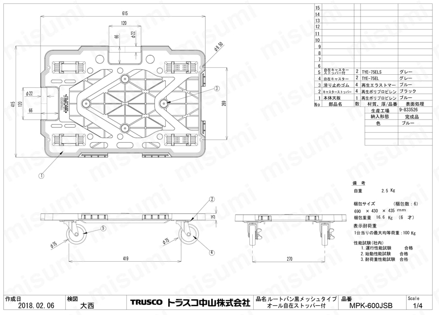 連結型樹脂製平台車 ルートバン （メッシュタイプ）（まとめ買い） オール自在ストッパー付キャスタータイプ MPK-600JS-B-M6図面