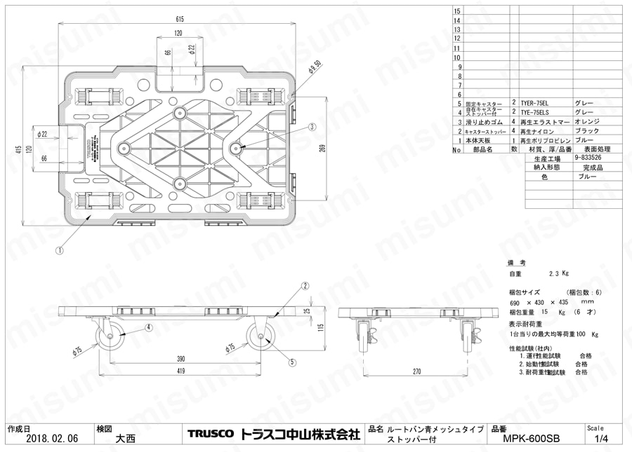連結型樹脂製平台（連結タイプ）ストッパー付キャスタータイプ トラスコ中山 MISUMI(ミスミ)