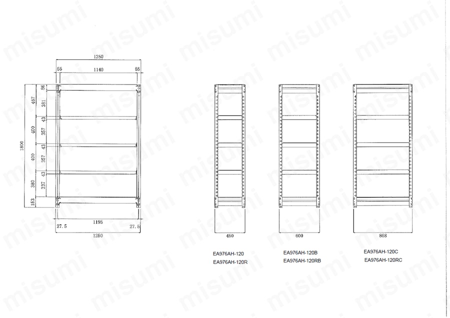 EA976AH-120 | 300kg スチール棚 1250×450×1800mm/5段 | エスコ
