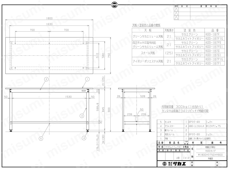 軽量作業台KSDタイプ KSD-187FE/KSD-187FEI図面
