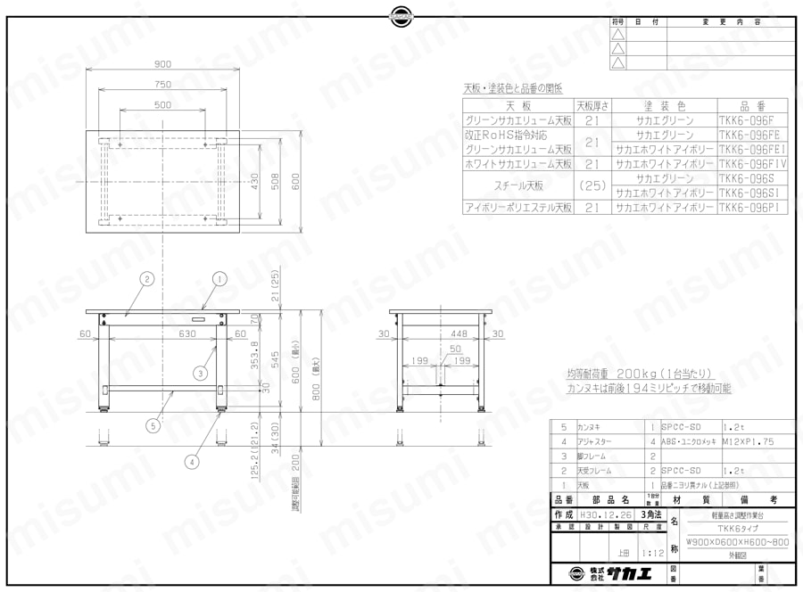 軽量高さ調整作業台TKK6タイプ 組立式 | サカエ | MISUMI(ミスミ)