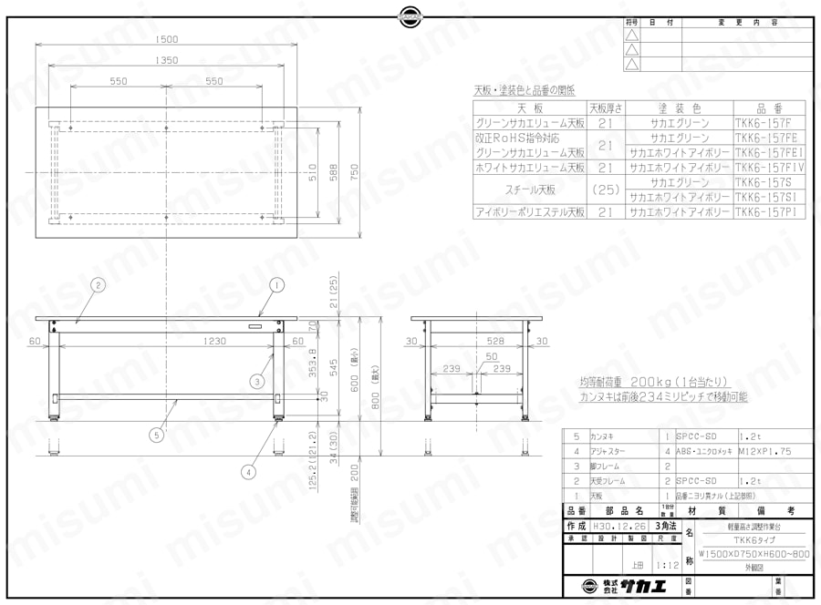 軽量高さ調整作業台TKK6タイプ 組立式 | サカエ | MISUMI(ミスミ)