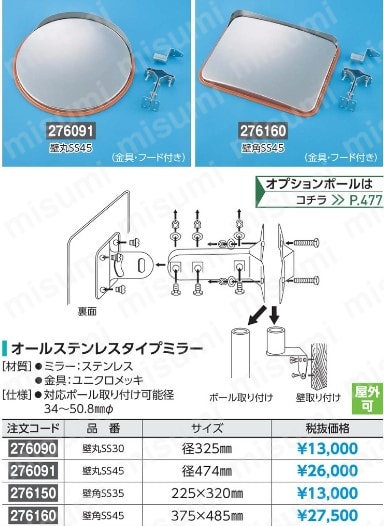 小型カーブミラー（ステンレスタイプ）取付金具付 | アズワン | MISUMI(ミスミ)