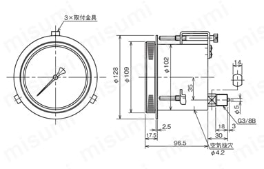 微圧計 GL10,GL15,GL20,GL21,GL25,GL26 φ100:ベローズ式GL25-131/133外形図