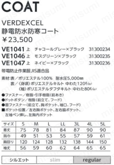 ミドリ安全 ベルデクセル 静電防水防寒コート チャコールグレー 