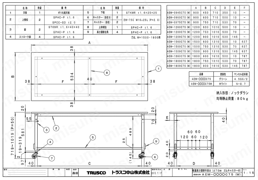 AEM-1260C75 W | AEM型高さ調整作業台 Φ75車輪付 ホワイト | トラスコ