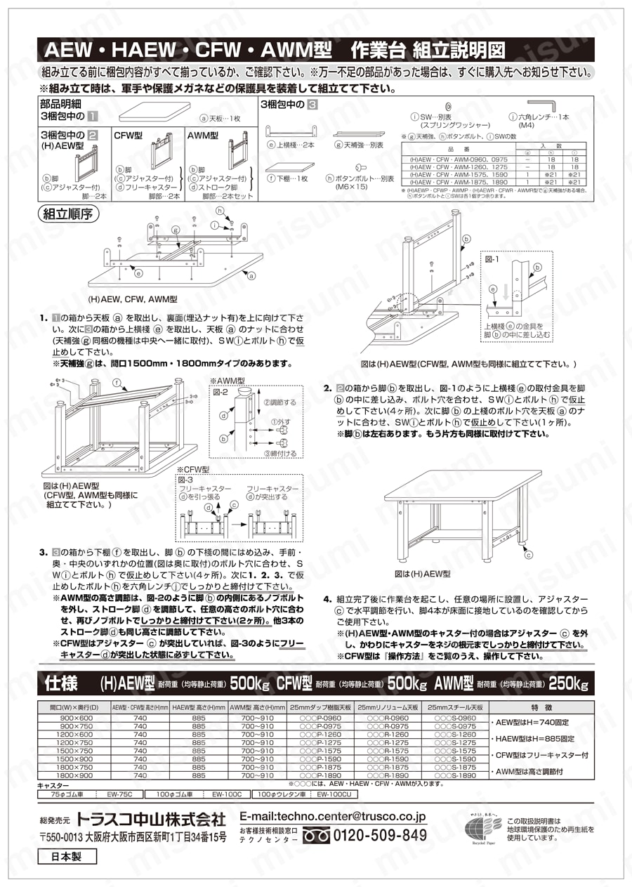 TRUSCO AEM型高さ調節作業台 1500X750 2段引出付 W色 | トラスコ中山