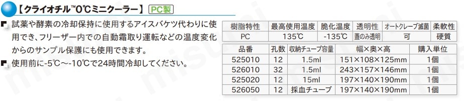 525010 TARSONS クライオチル0度ミニクーラー PC製 孔数12 1.5ml用 TARSONS MISUMI(ミスミ)