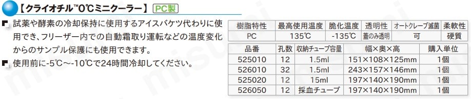 526010 TARSONS クライオチル0度ミニクーラー PC製 孔数32 1.5ml用 TARSONS MISUMI(ミスミ)