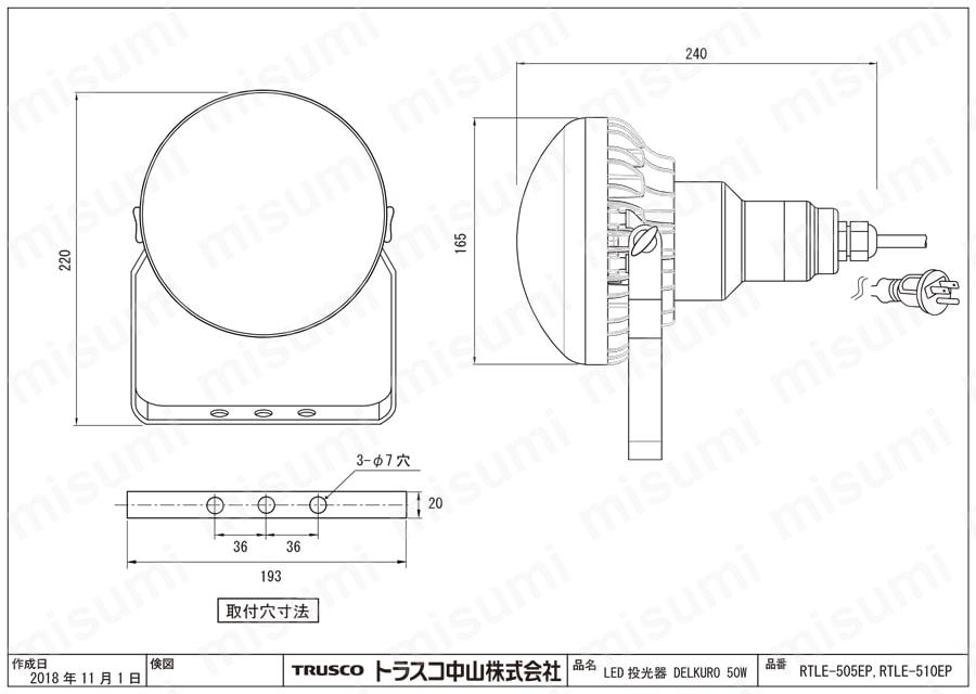 オンラインショップ TRUSCO 2芯3 RTLE-205-S LED投光器 5m DELKURO