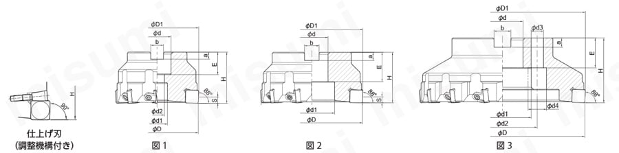 PDK フェースミル（ワイパー刃 刃先調整機構付き） 外形図