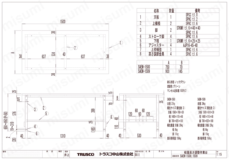 トラスコ中山 TRUSCO SAEM型高さ調節作業台 900X600 下棚 SAEM-0960LT2
