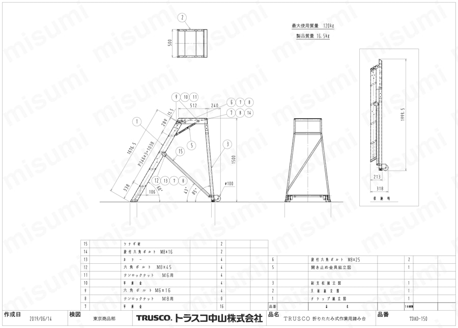 折りたたみ式作業用踏み台 TDAD-150図面