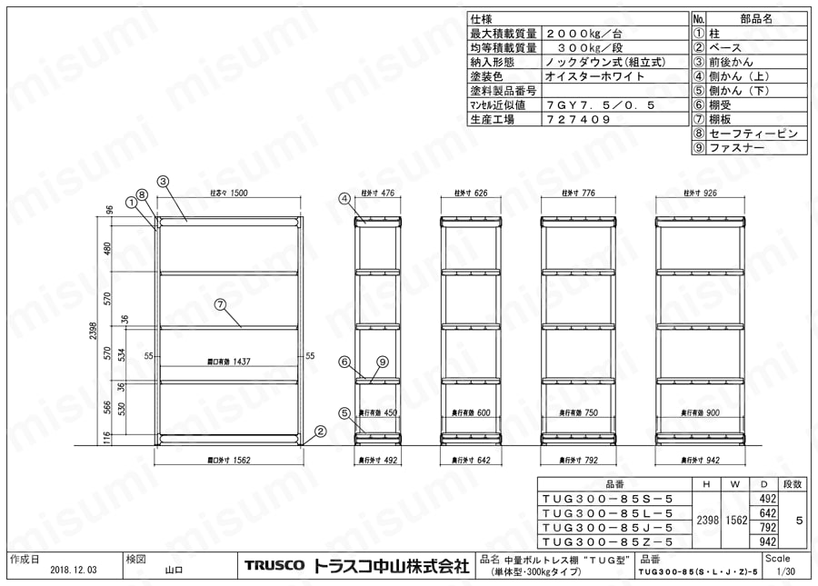 中量ボルトレス棚 TUG型 単体型（300kgタイプ、高さ2400mm、5段タイプ